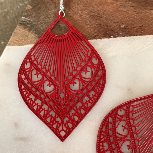 Red Filigree Drop Earrings - Picture 5 of 6